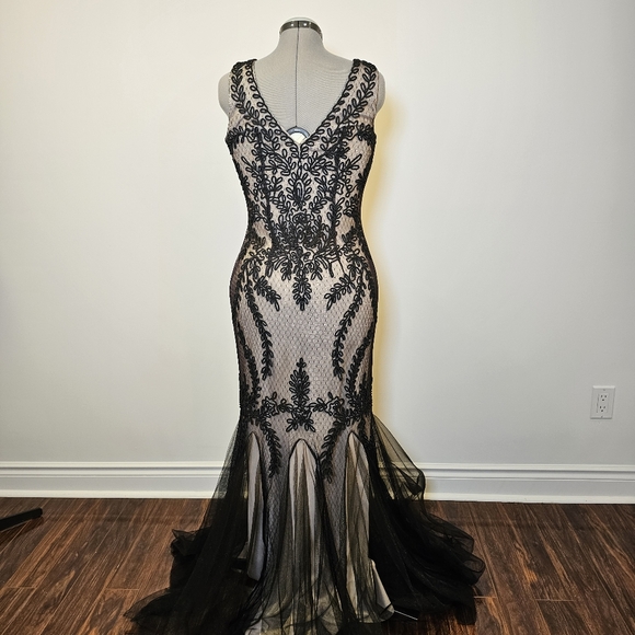 👍NWT Cachet black embroidered tulle beige stretch lined maxi gown dress size 12 - Picture 3 of 11